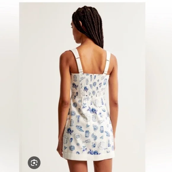 NWT Abercrombie Linen-Blend Wide Strap Mini Dress Mediterranean Greek Print - Picture 2 of 7